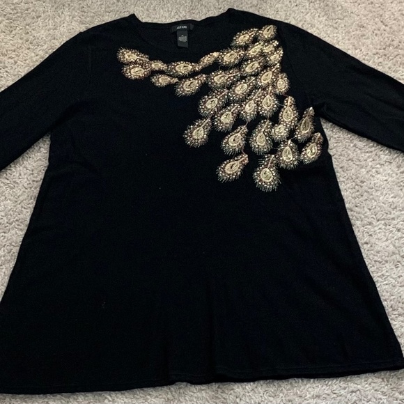 Alfani Black and Gold Peacock Feather Long Sleeve Top Medium - Picture 3 of 8